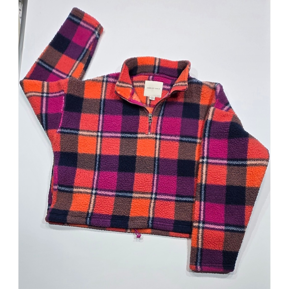American Eagle‎ Fleece Pullover Plaid Orange Pink Purple Womens M